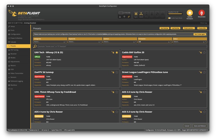 Betaflight Presets page