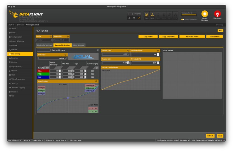 Betaflight PID tuning (Rate profile settings) page