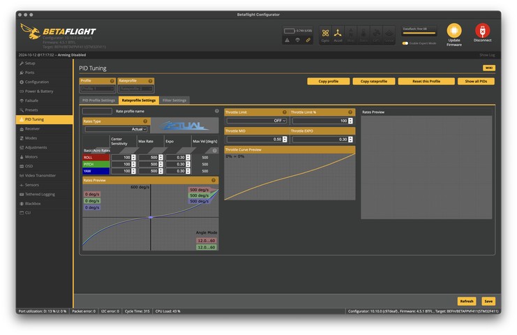 Betaflight PID tuning (Rate profile settings) page