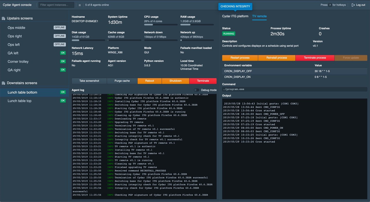 Agent console, allowing real-time monitoring and control. Used for the office displays in this case -- a great way of ironing out bugs and increasing robustness during development
