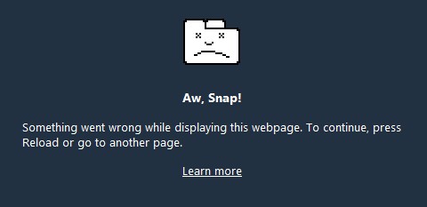Chrome's crash page circa 2015. Before the release of the product, we saw this more than a few times, without a recovery mechanism. I even remember the Jira bug number, CU-25